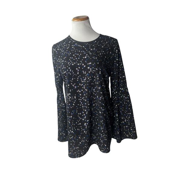 Michael Kors Black Blue Silver Star Print Bell Sleeve Blouse Size Medium Sparkle - Picture 1 of 7